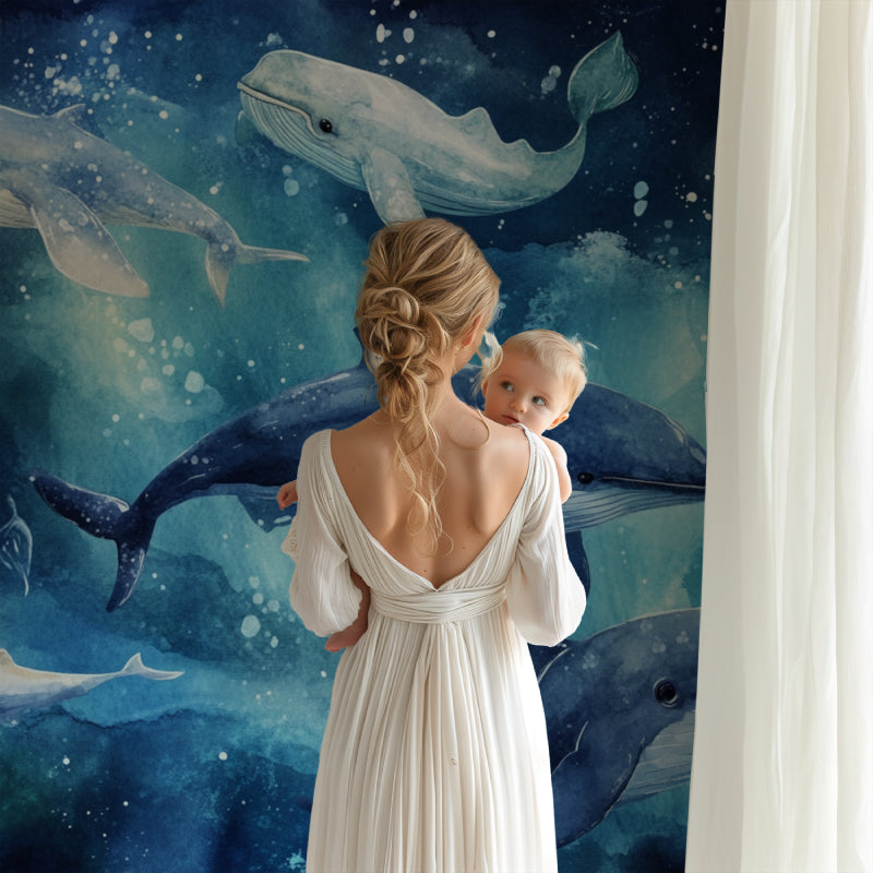 Whale Wallpaper Mural showcased in a children's bedroom with starry night effect