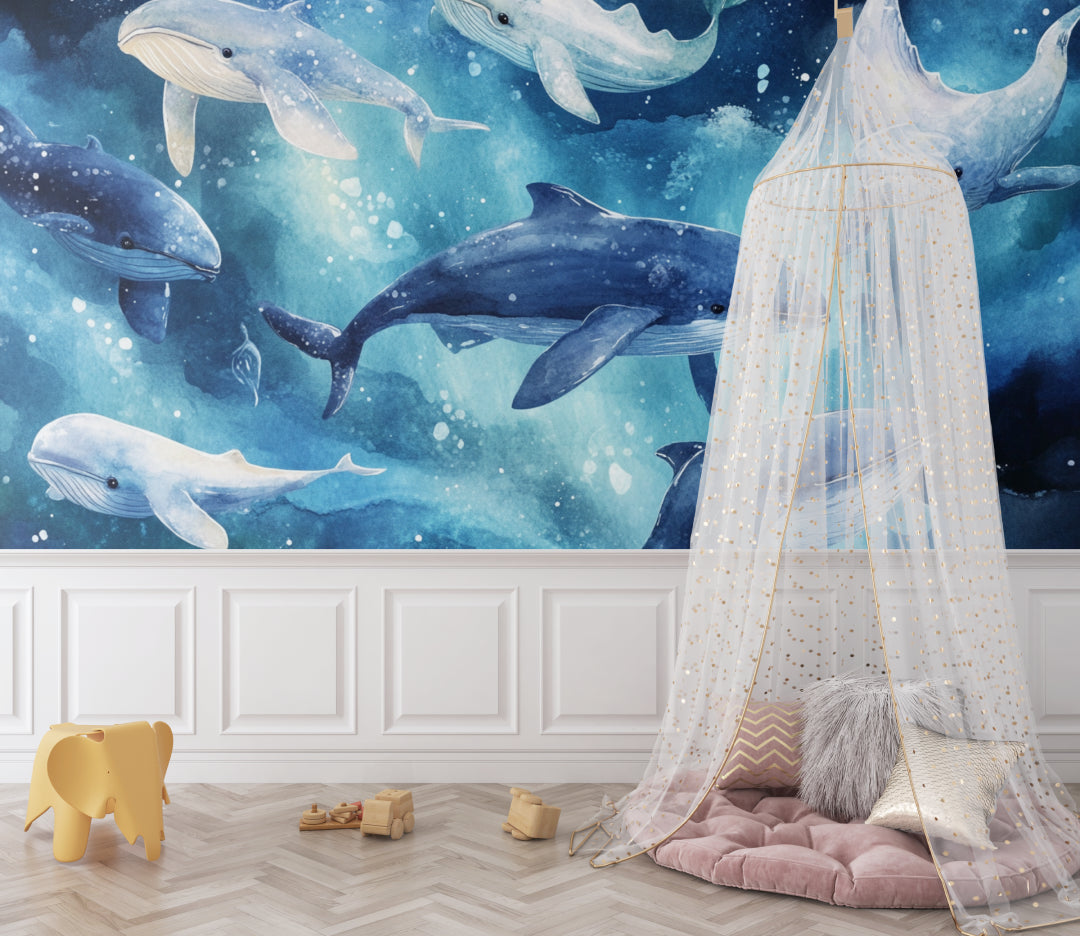 Marine life wallpaper bringing ocean magic to a cozy reading nook
