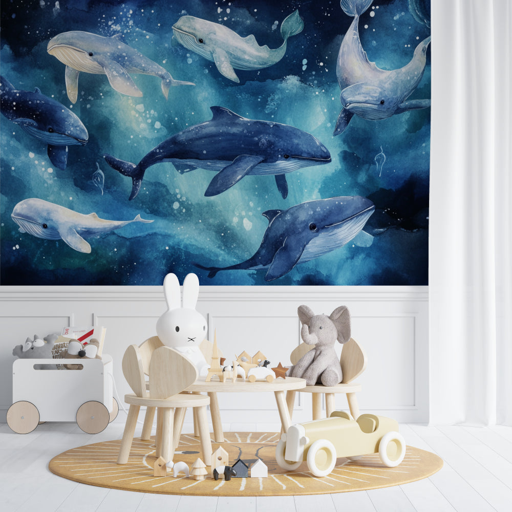 Dreamy whale mural transforming a playroom into an underwater fantasy