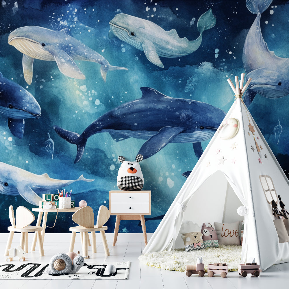 Ocean theme wallpaper creating a peaceful atmosphere in a baby's room