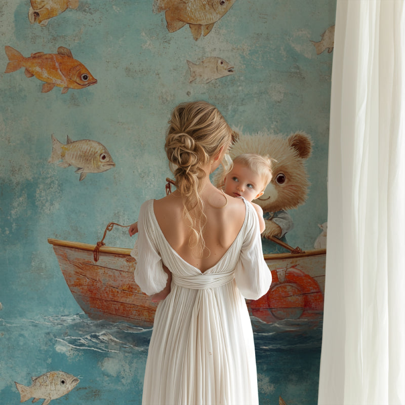 Marine animals wallpaper creating a cozy reading nook in a modern nursery with soft lighting