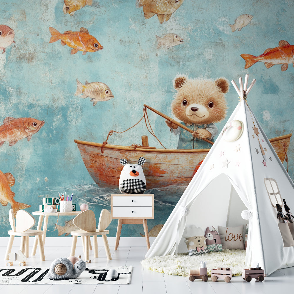 Ocean theme wall mural brightening up a coastal-style kids bedroom with white furniture
