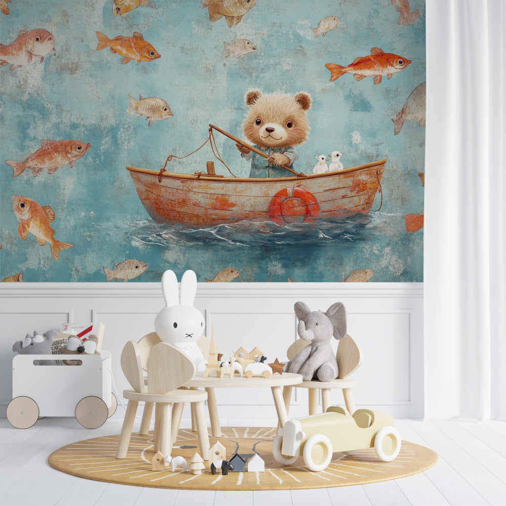Marine life wallpaper transforming a playroom with turquoise and coral accents