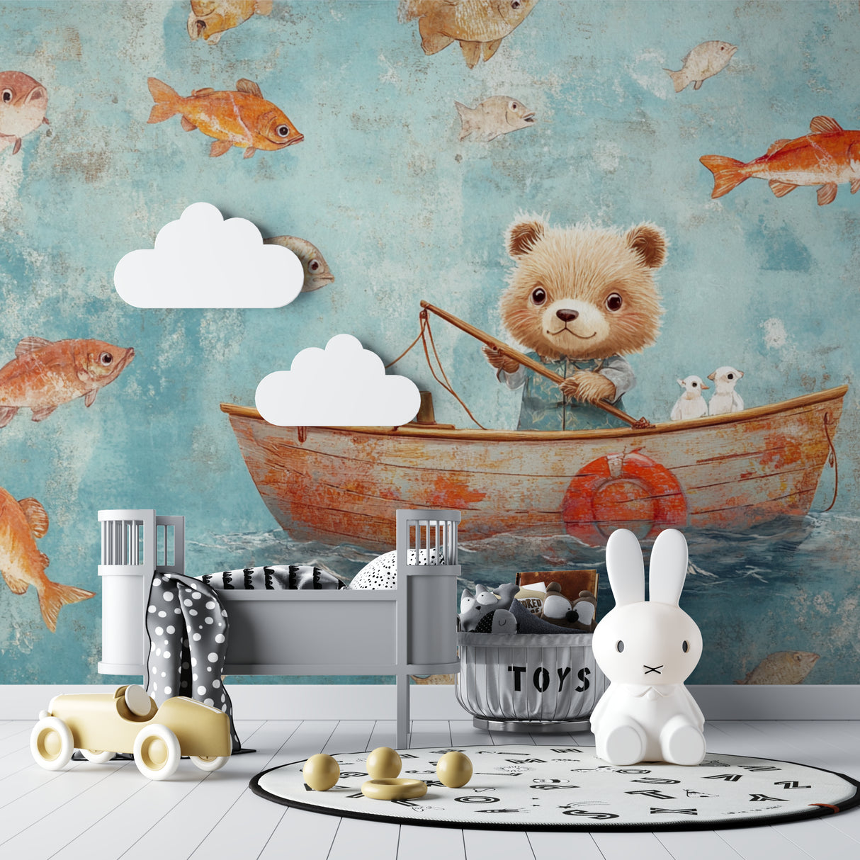 Underwater scene mural adding charm to a baby boy's room with wooden details