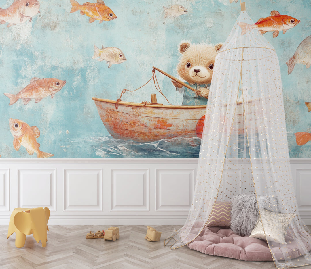 Bear and fish wallpaper creating magic in a scandinavian style children's bedroom