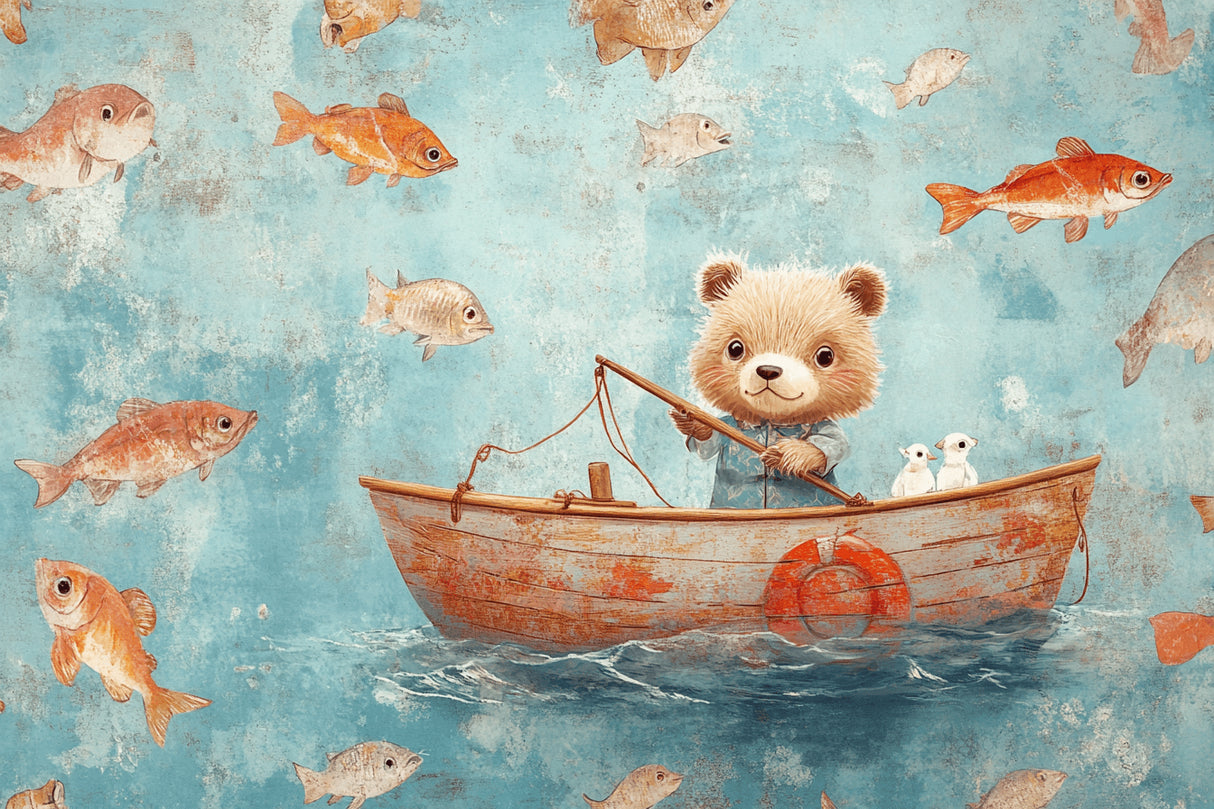 Design file showing detailed marine animals pattern with fishing bear and turquoise waters