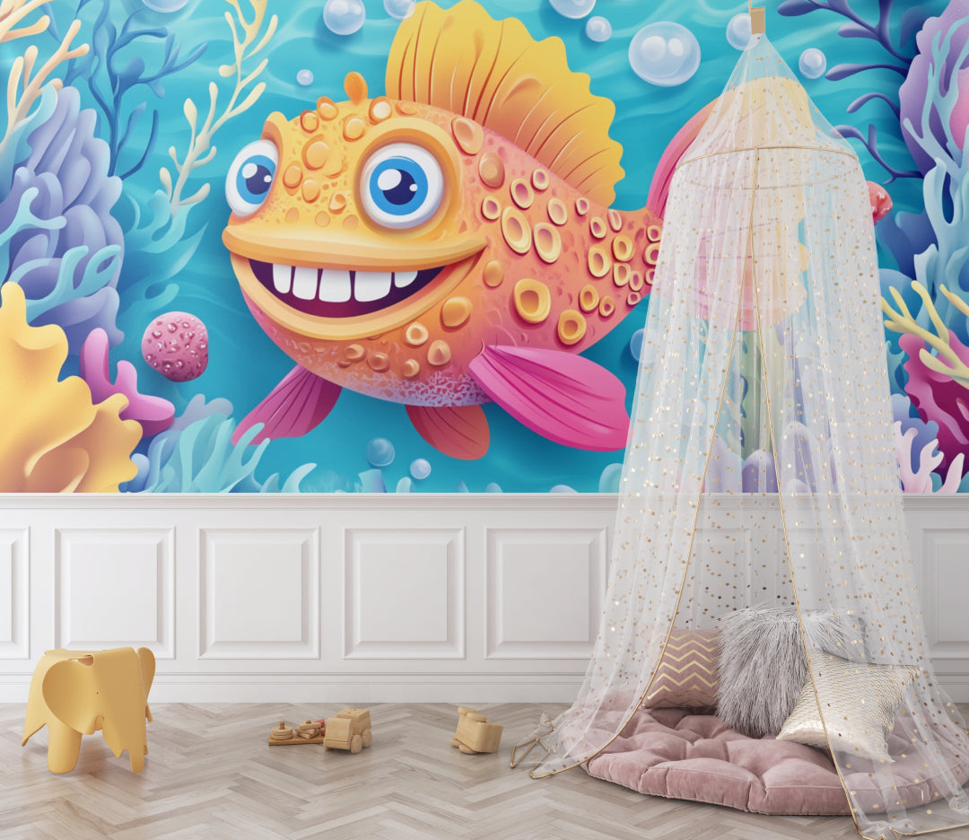 Marine animals wallpaper bringing ocean magic to a bright nursery with playful fish design