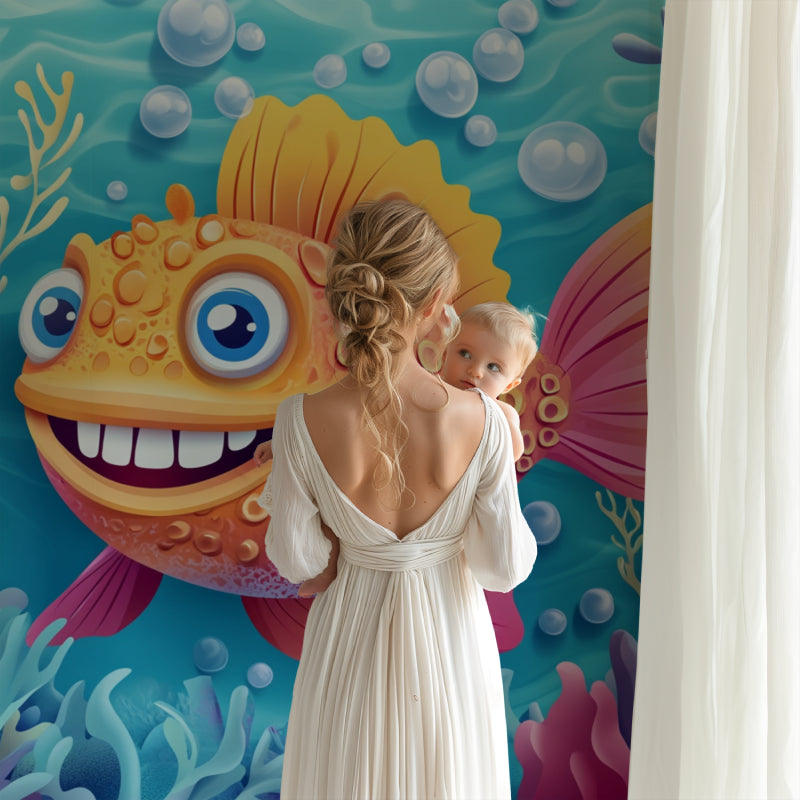 Marine life wall mural adding charm to a coastal-style children's bathroom