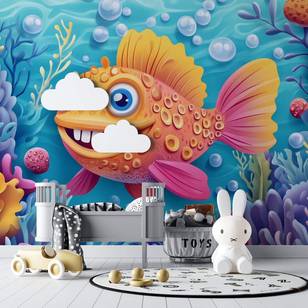 Marine animals wallpaper brightening a modern kids bedroom with playful fish design