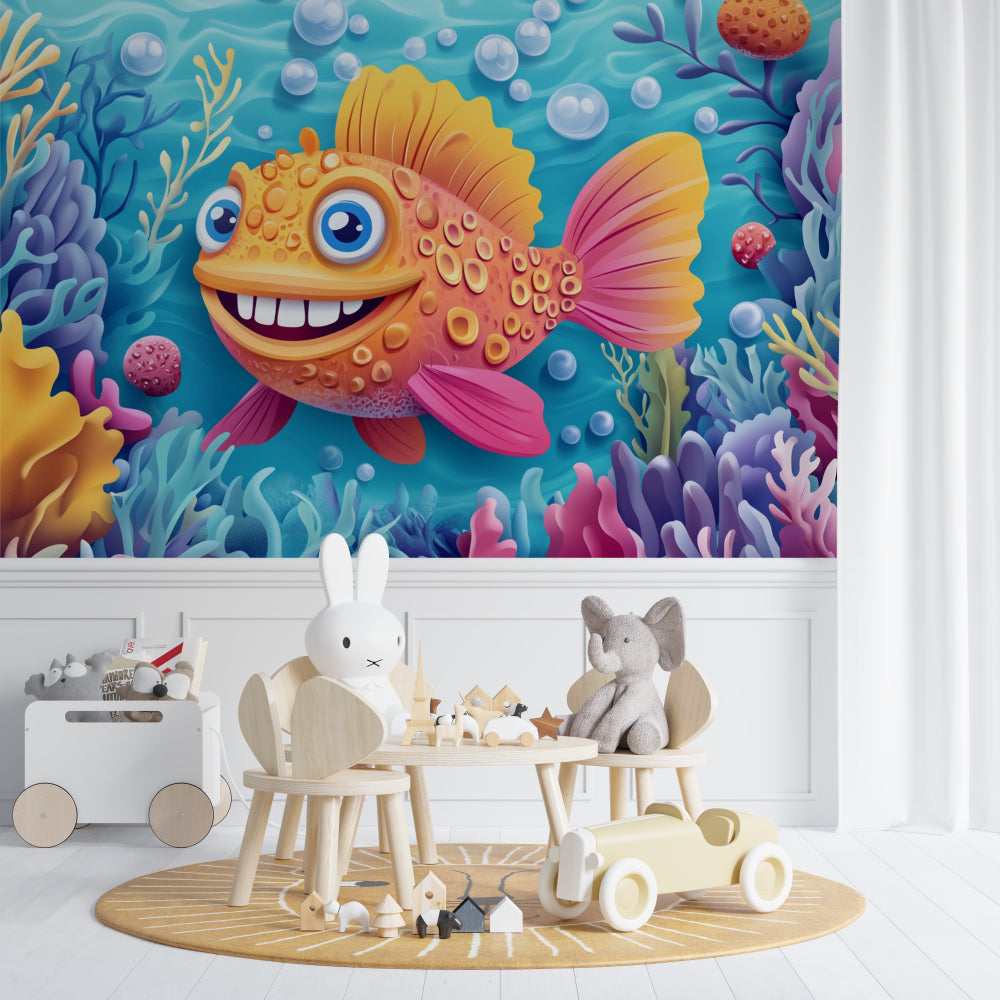 Underwater fish wallpaper adding color to nursery room wall