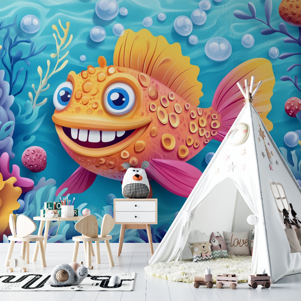 Marine life wallpaper transforming bathroom into underwater scene