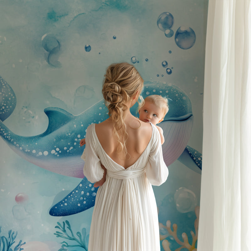 Whale wall mural brightening a child's bedroom with dreamy underwater scene