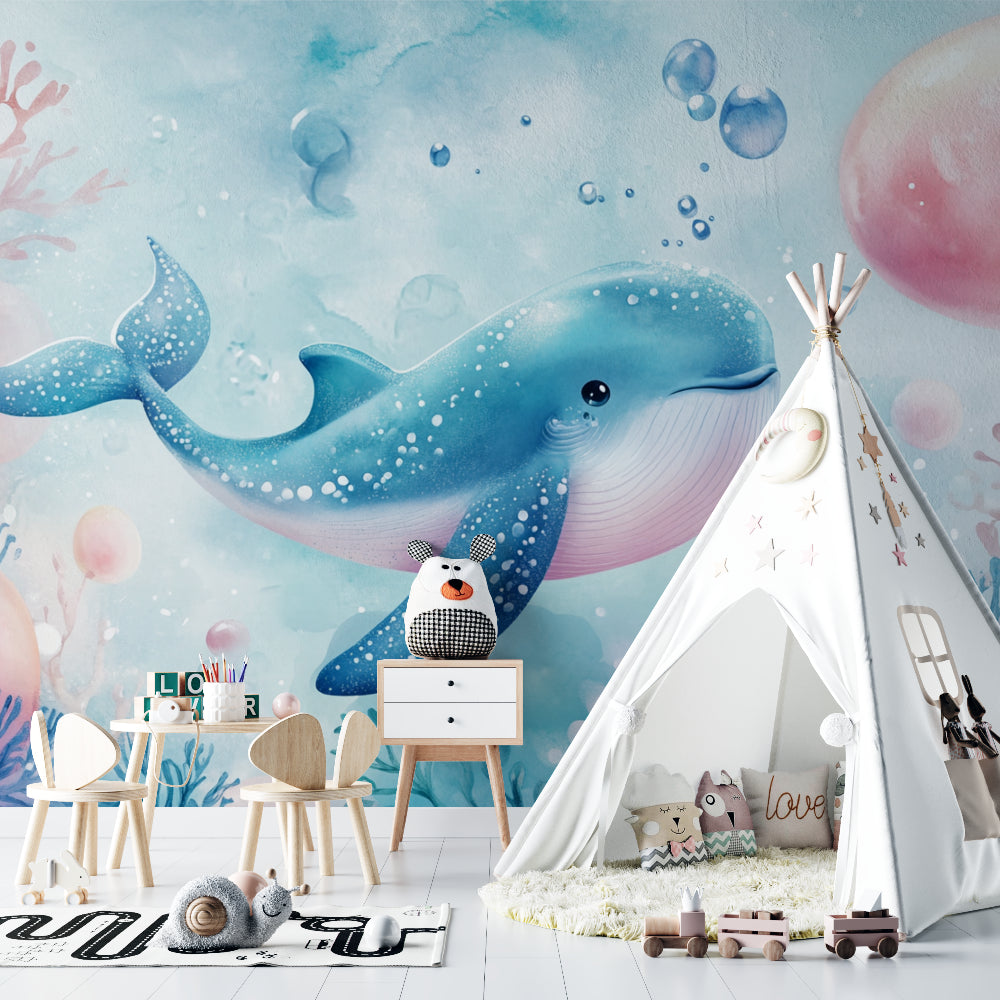 Blue whale wallpaper transforming a playroom into an ocean adventure space