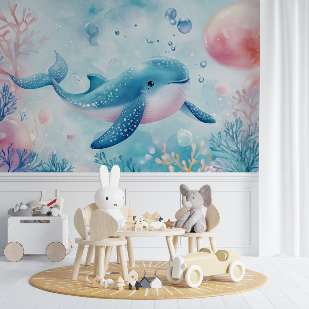Marine themed wall mural showcased in a cozy reading nook with natural lighting