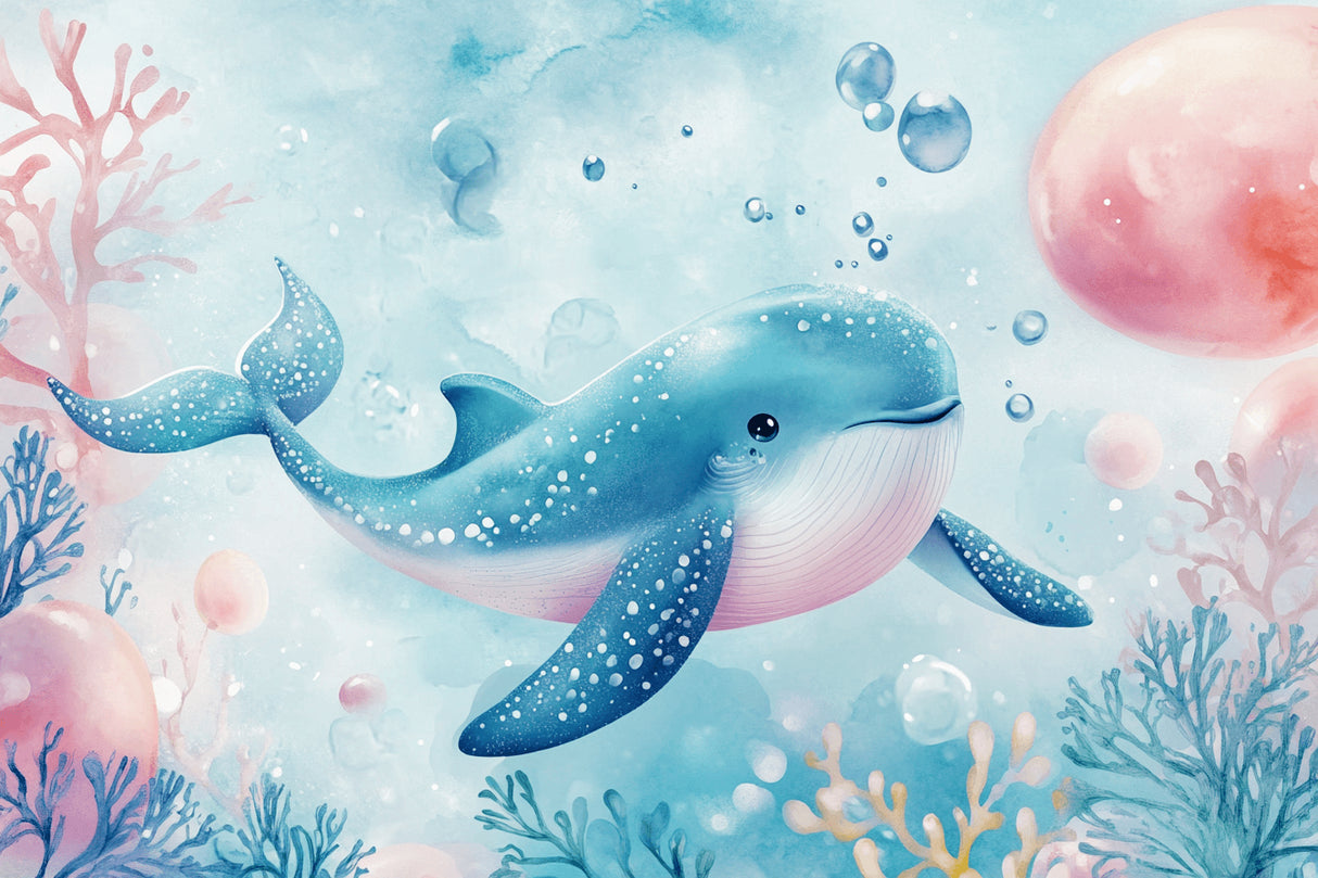 Marine animals wallpaper design file showing detailed whale pattern with dreamy cloud elements