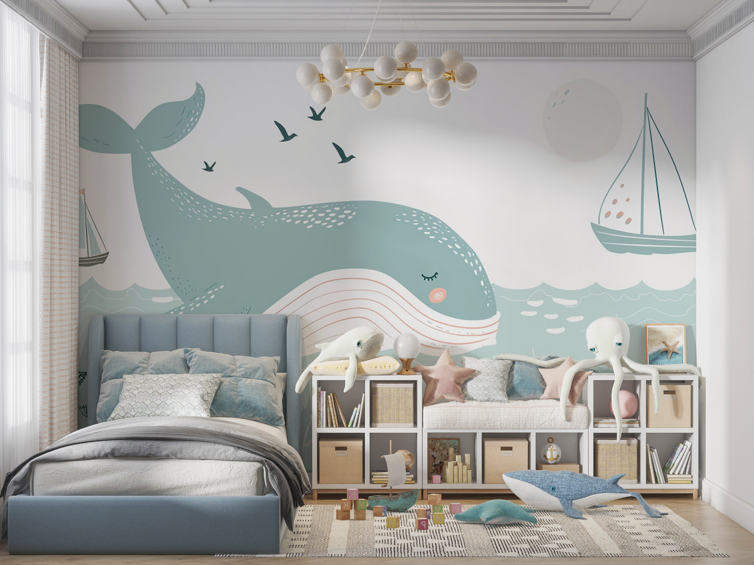 Marine animals mural creating a calming atmosphere in a reading nook