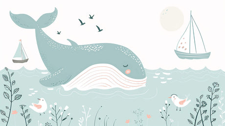 Gentle whale and seabirds design file showing intricate pattern details and soft color palette