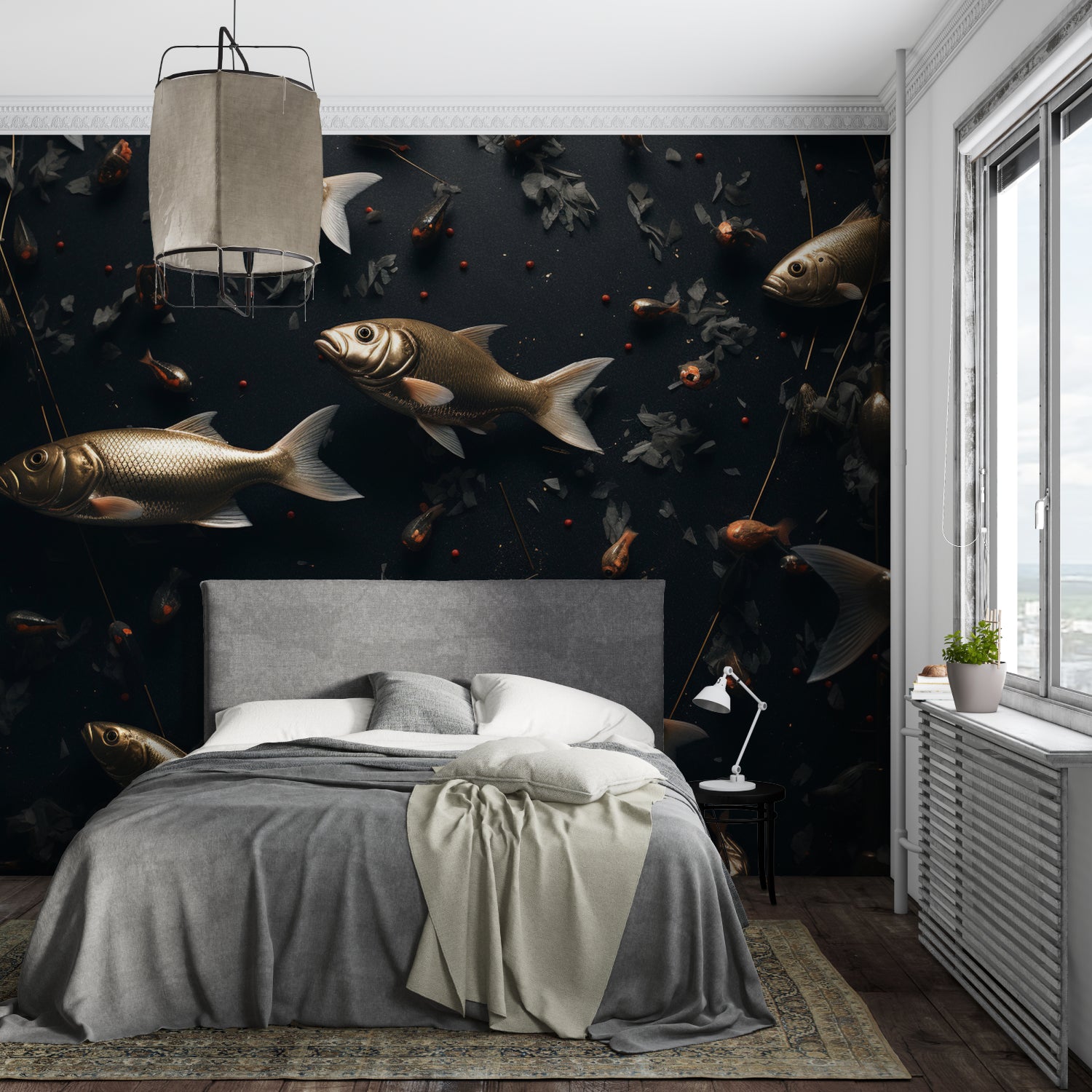 Elegant dining room featuring black and gold fish wallpaper mural
