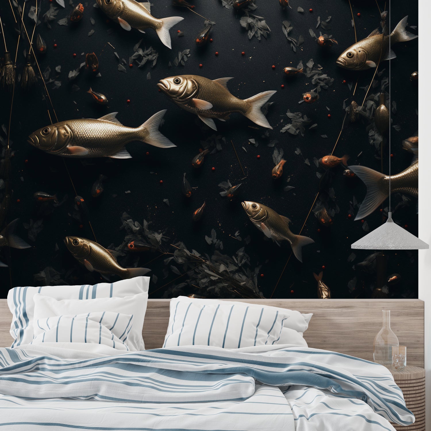 Master bedroom with marine animals wallpaper creating soft golden glow