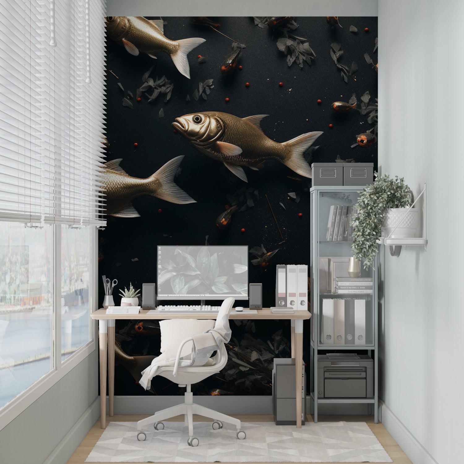 Home office transformed with underwater fish mural wallpaper