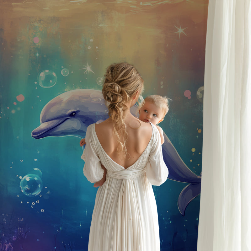 Dolphin wall mural creating magic in a modern kids bedroom with soft purple-blue lighting