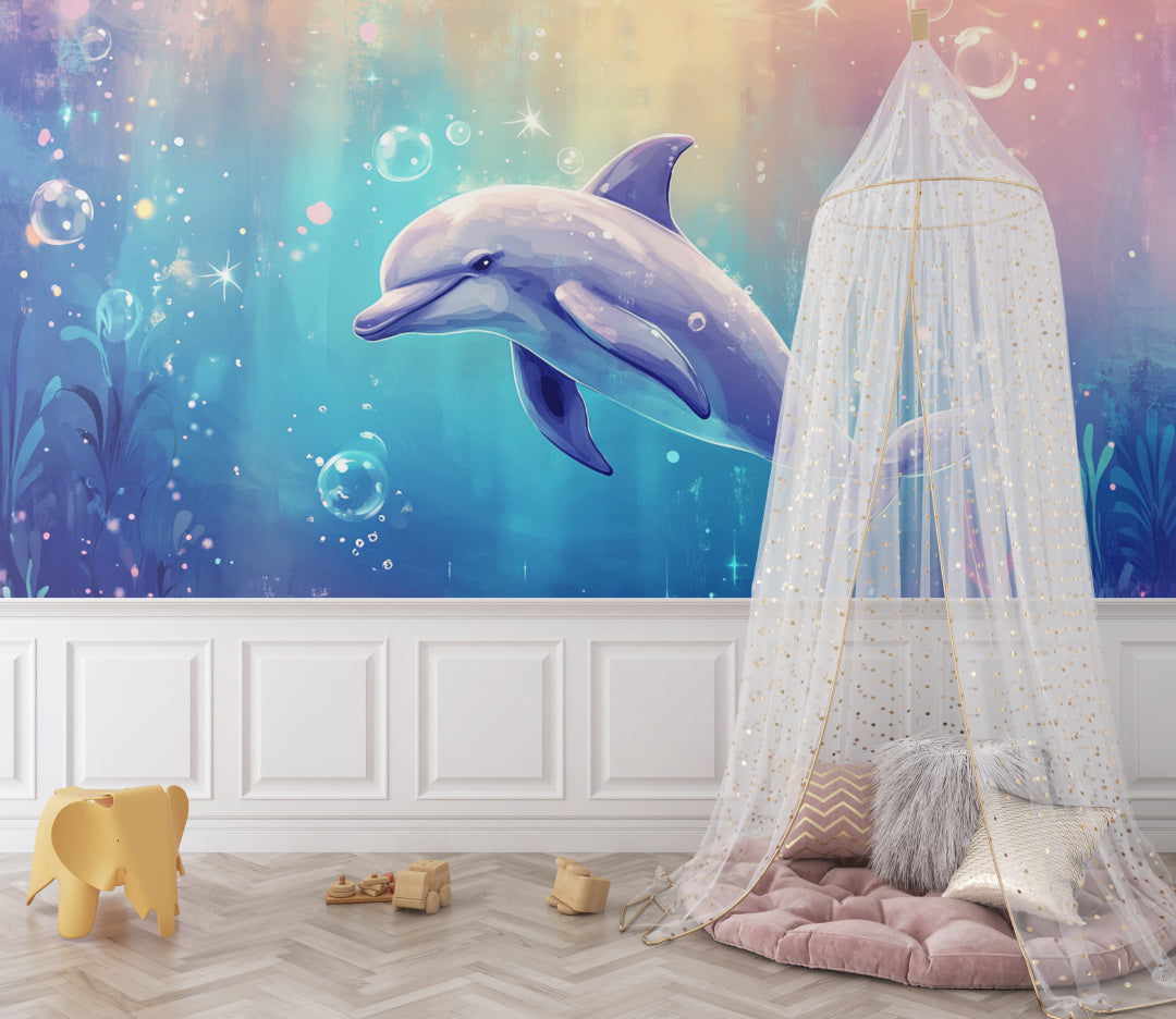 Magical dolphin mural transforming a playroom into an underwater wonderland