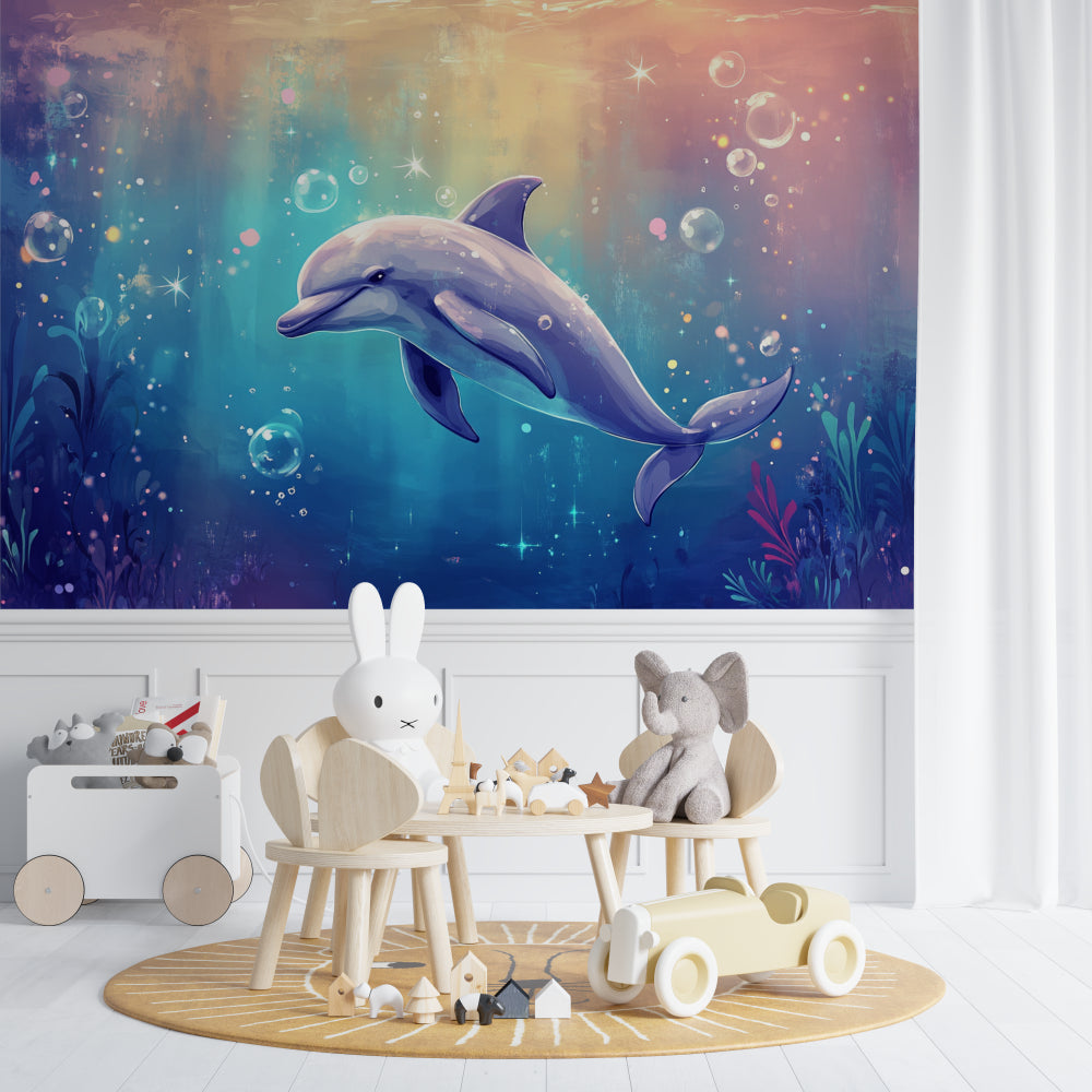 Ocean themed wallpaper creating a peaceful atmosphere in a child's reading nook