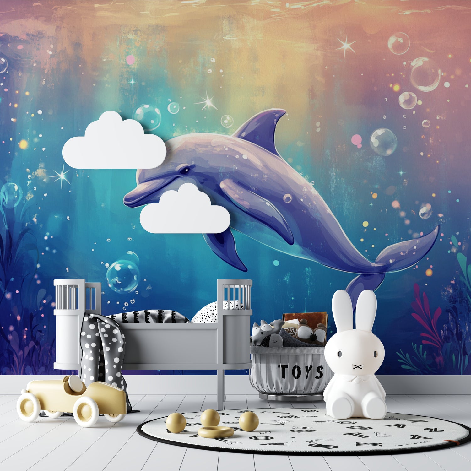 Dolphin wall mural adding enchantment to a modern teenager's bedroom