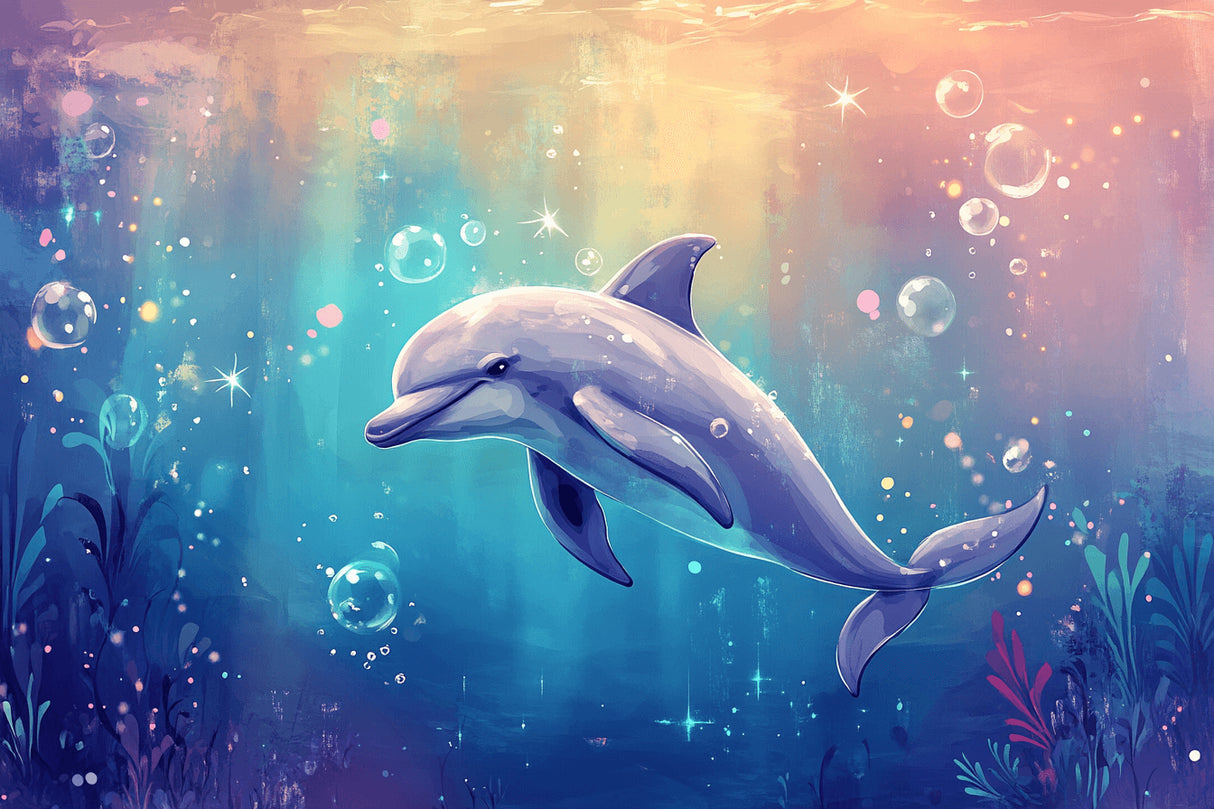Design file showing detailed dolphin pattern with magical bubbles and ethereal effects