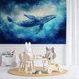 Marine whale wallpaper creating a peaceful atmosphere in a modern bedroom with soft lighting