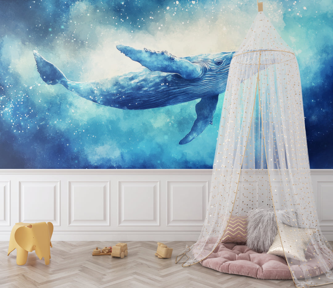 Blue whale wall mural bringing ocean magic to a child's playroom with reading nook
