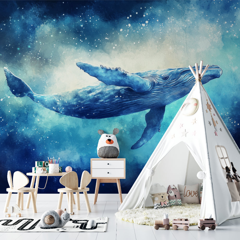 Marine life wallpaper featuring blue whale in a cozy reading corner
