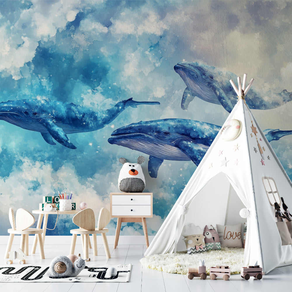 Marine animals wallpaper creating a peaceful atmosphere in a modern nursery with floating whales and stars