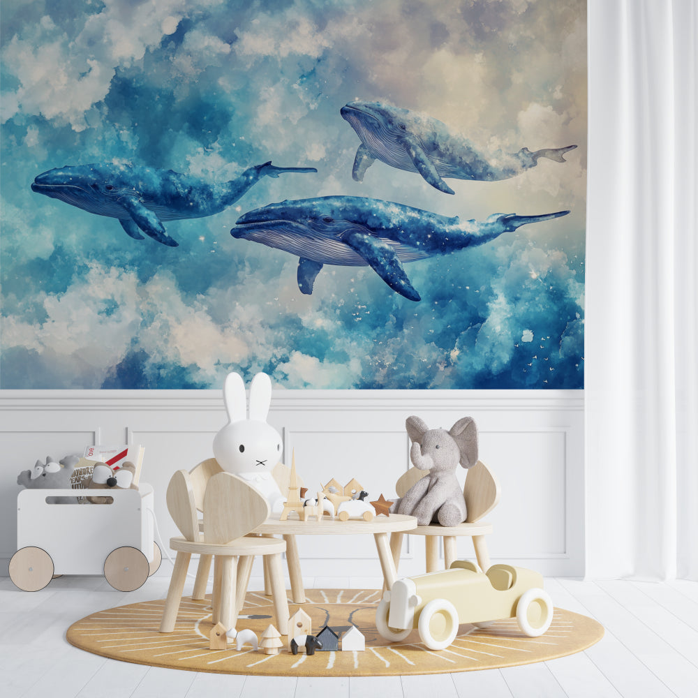 Whale wall mural brightening a child's bedroom with dreamy blue tones and celestial elements