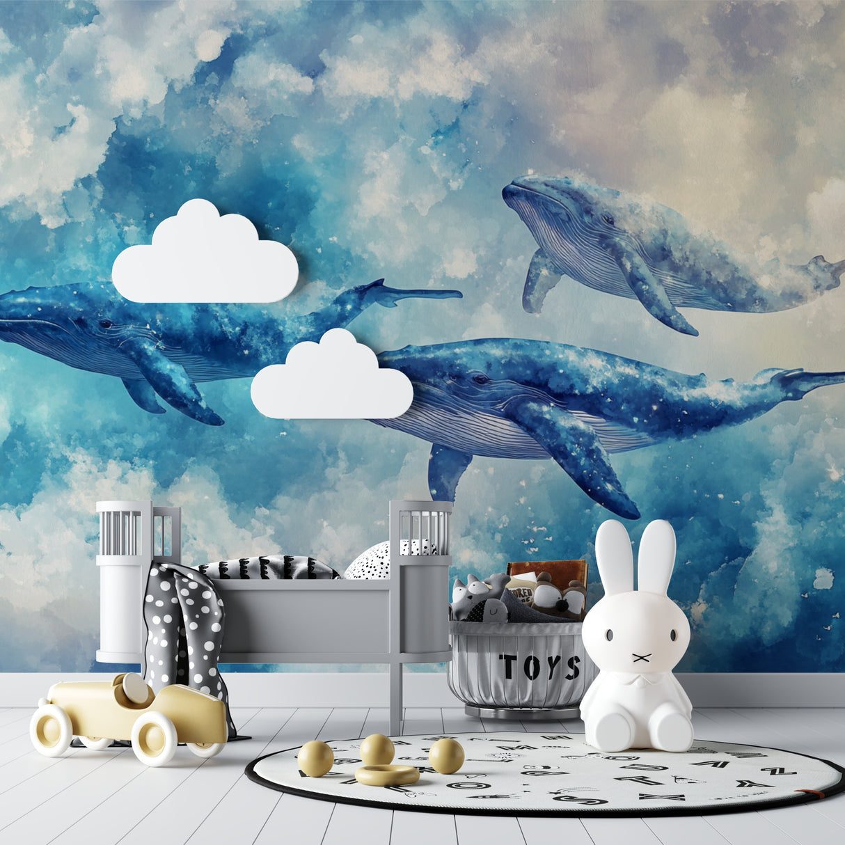 Ocean theme wallpaper transforming a play area with magical swimming whales