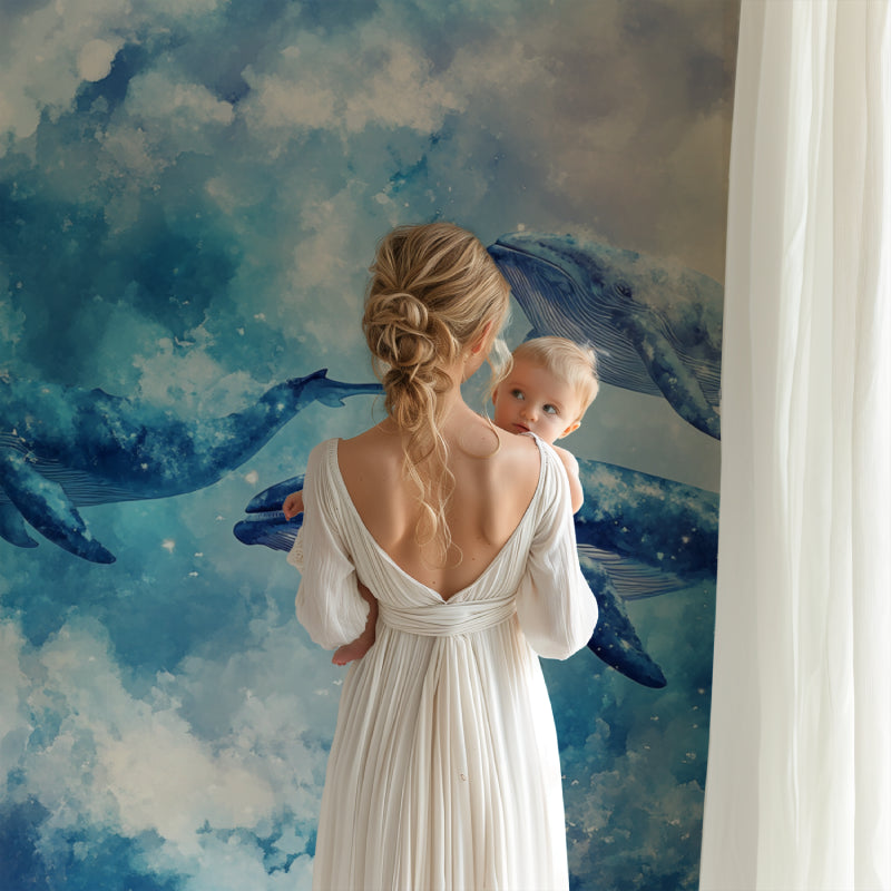 Marine animals wallpaper adding depth to a living room with ethereal whale designs