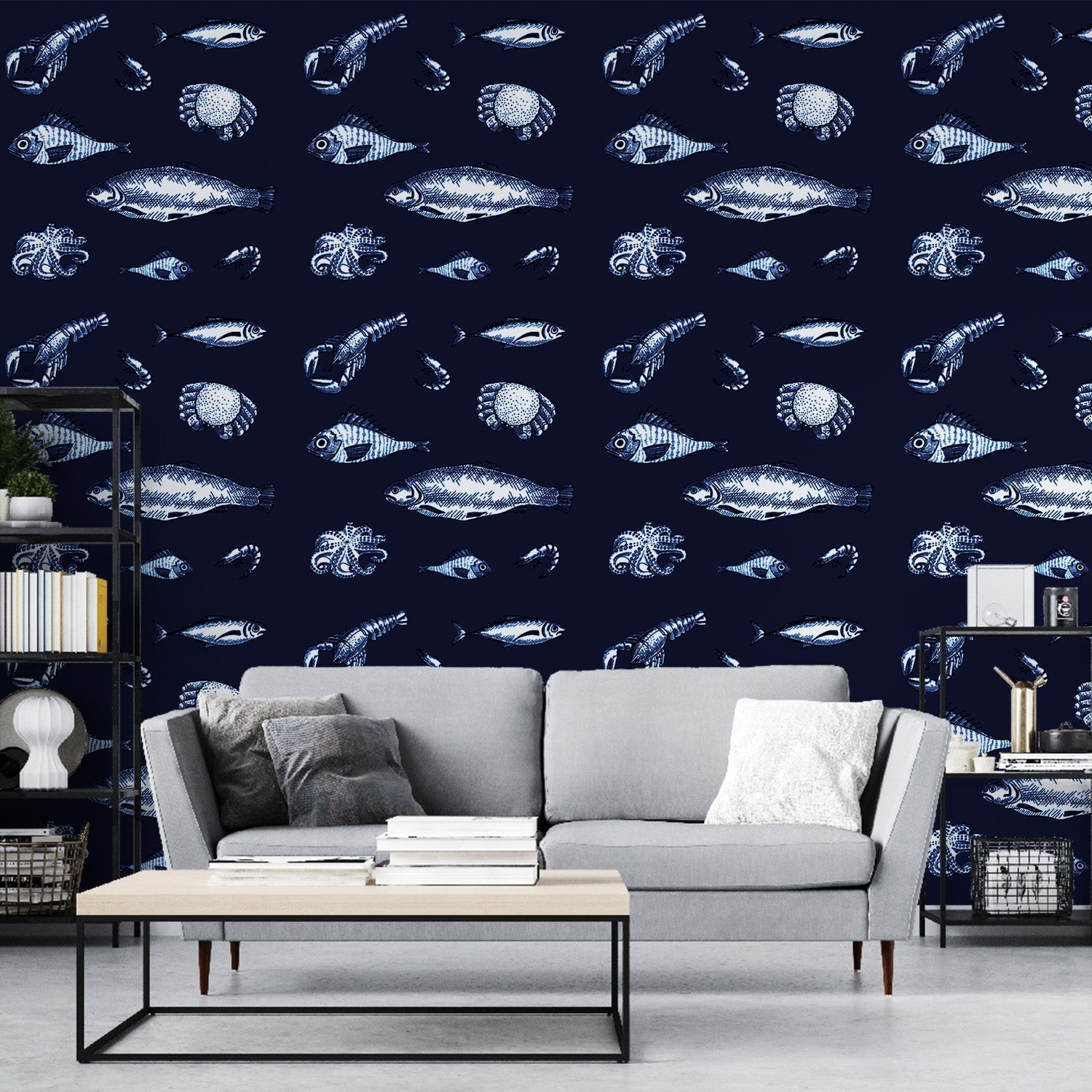 Marine life wallpaper creating a serene atmosphere in a modern living room, white sea creatures on navy blue background