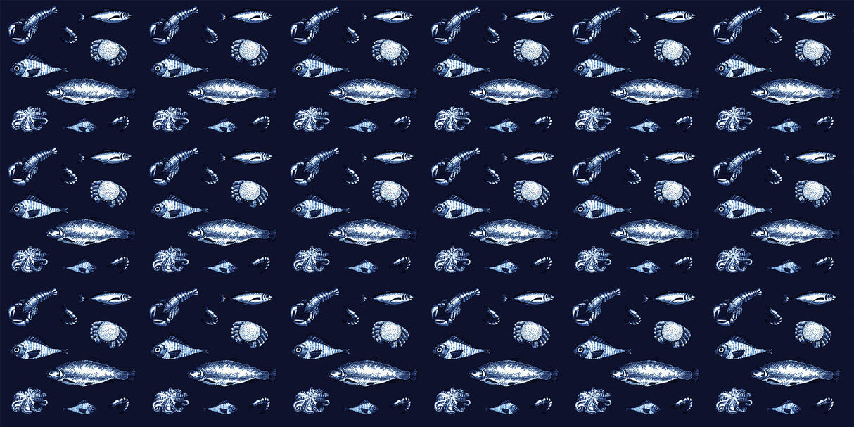 Marine Animals design file showing detailed white sea creatures pattern on deep blue background