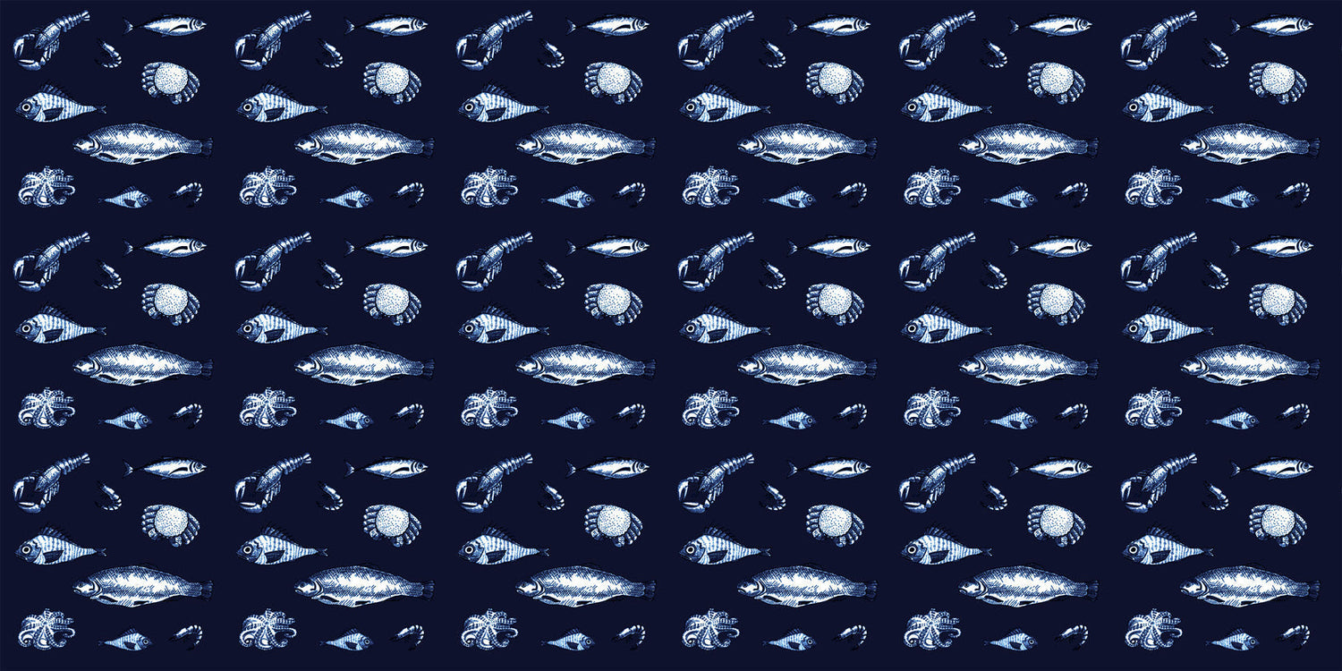 Marine Animals design file showing detailed white sea creatures pattern on deep blue background