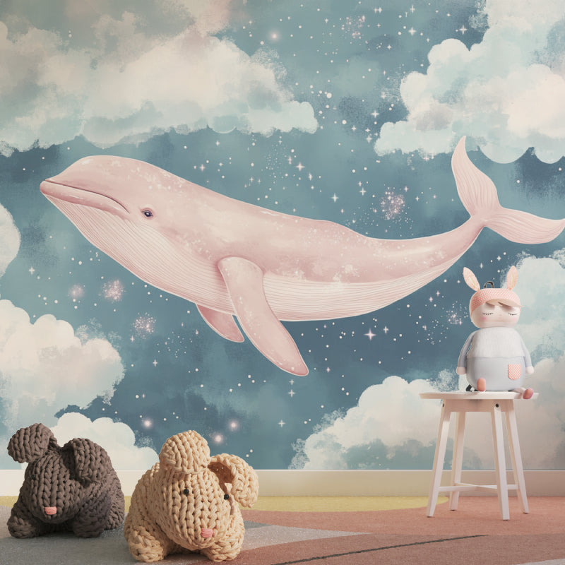 Marine animals wall mural featuring pink whale in a child's reading nook