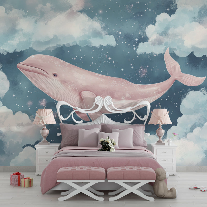 Starry whale wallpaper creating magic in a modern playroom setting