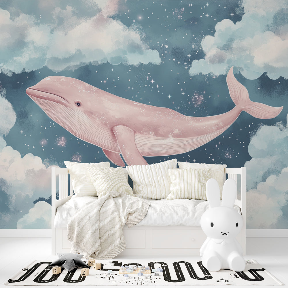 Pink whale wall mural displayed in a coastal-themed bedroom