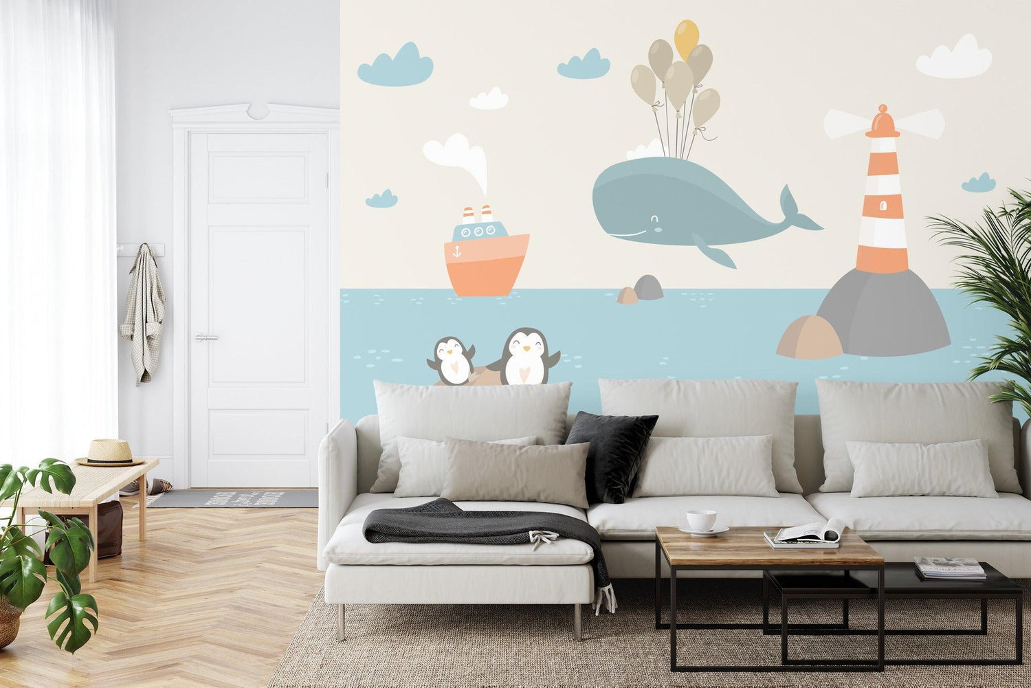Ocean scene mural transforming a bathroom into a coastal paradise with whimsical marine life