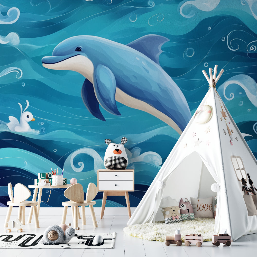 Ocean themed wallpaper creating a serene atmosphere in a modern nursery with white furniture