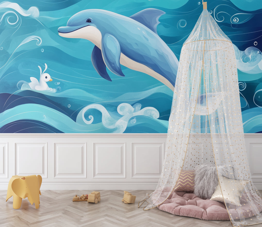 Marine life mural transforming a playroom with its calming blue waves and playful dolphin design