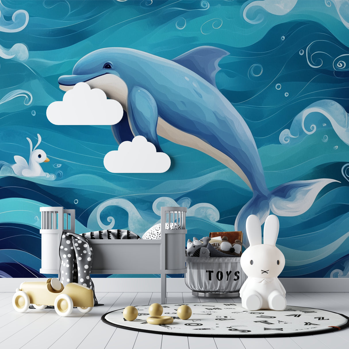 Dolphin wallpaper adding underwater charm to a bathroom with coastal-inspired accessories