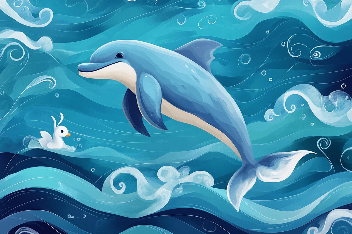 Design file showing detailed dolphin pattern with intricate wave motifs and ocean elements