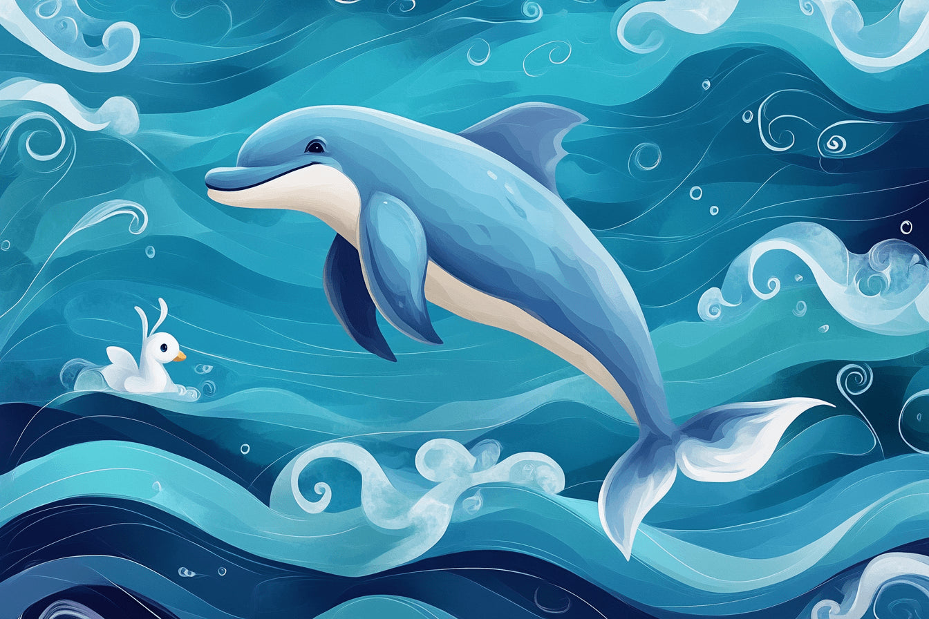 Design file showing detailed dolphin pattern with intricate wave motifs and ocean elements