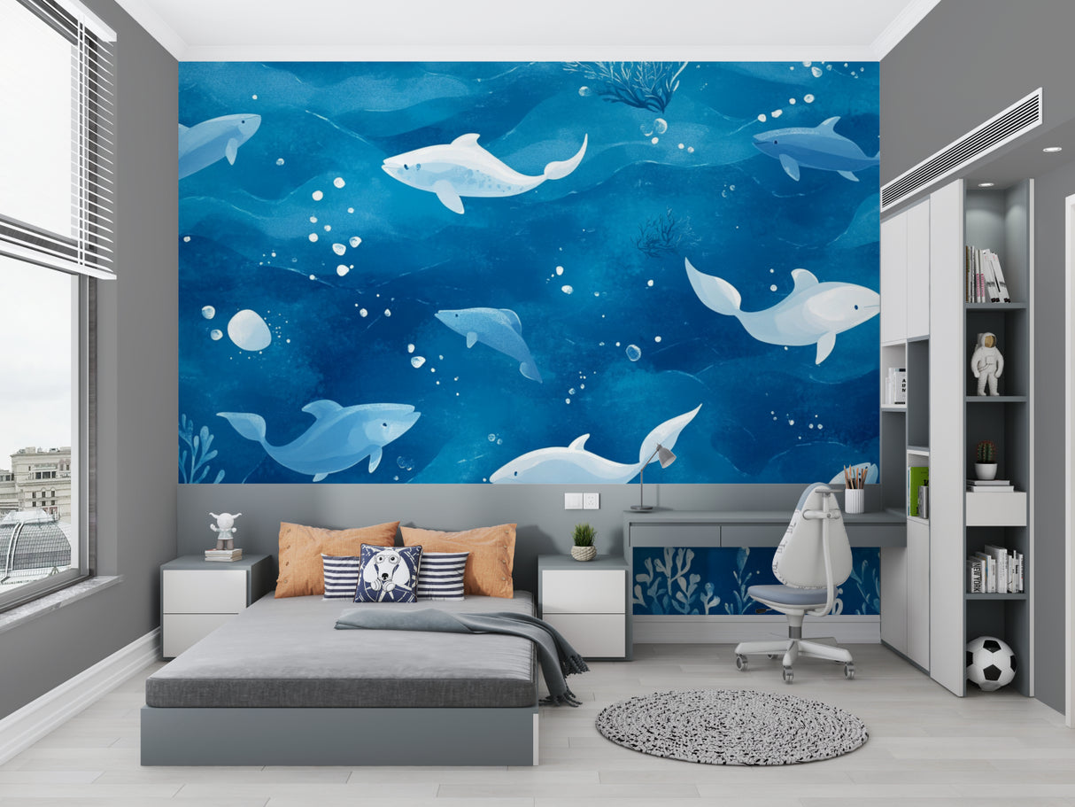Marine Animals Wallpaper transforms this modern kids' bedroom with playful dolphins swimming in deep blue waters