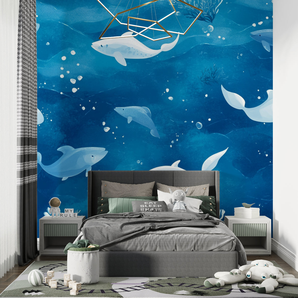 Ocean Dolphin Wallpaper creating a calming atmosphere in this coastal-style living room